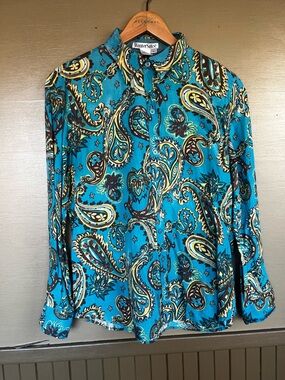 WinterSilks Linen Silk Blend Paisley Button down Large